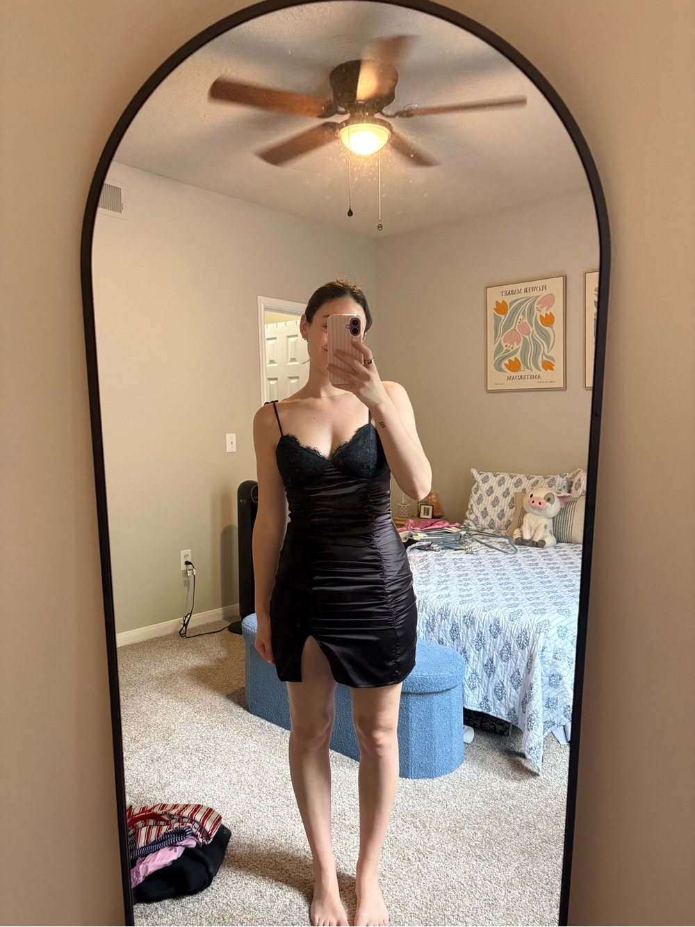 REVOLVE Black Satin Lace-Trim Mini Dress